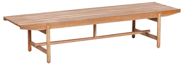 Záhradná lavica svetlé akáciové drevo 210 x 84 cm s vankúšmi krémová biela moderný rustikálny štýl exteriér terasa balkón