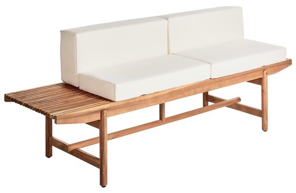 Záhradná lavica svetlé akáciové drevo 210 x 84 cm s vankúšmi krémová biela moderný rustikálny štýl exteriér terasa balkón