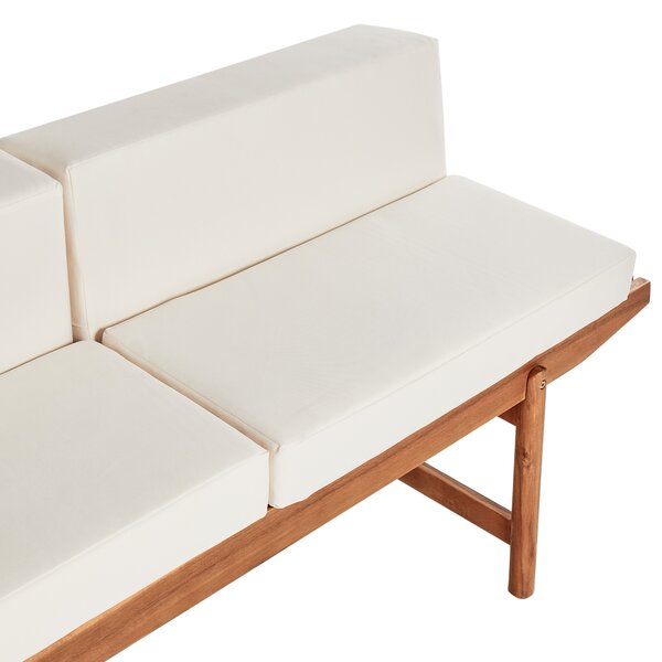 Záhradná lavica svetlé akáciové drevo 210 x 84 cm s vankúšmi krémová biela moderný rustikálny štýl exteriér terasa balkón