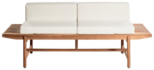 Záhradná lavica svetlé akáciové drevo 210 x 84 cm s vankúšmi krémová biela moderný rustikálny štýl exteriér terasa balkón