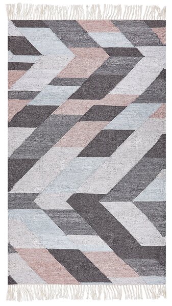 Koberec viacfarebný juta 80 x 150 cm geometrický vzor obdĺžnikový tvar so strapcami ručne tkaný boho štýl obývacia izba spálňa