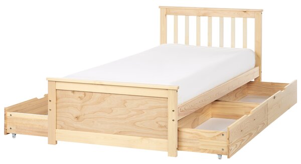 Posteľ svetlohnedá borovicové drevo MDF 90 x 200 cm s čelom úložný priestor 4 zásuvky minimalistický škandinávsky štýl spálňa detská izba