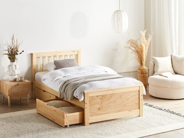 Posteľ svetlohnedá borovicové drevo MDF 90 x 200 cm s čelom úložný priestor 4 zásuvky minimalistický škandinávsky štýl spálňa detská izba