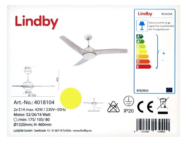 Lindby Lindby - Stropný ventilátor EMANUEL 2xE14/42W/230V + diaľkové ovládanie LW0053 + záruka 3 roky zadarmo