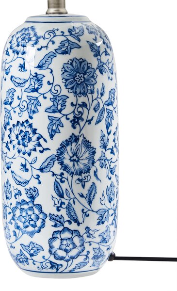 Stolná lampa biela a modrá porcelánový podstavec ľanové tienidlo kvetovaný vzor obývacia izba spálňa osvetlenie