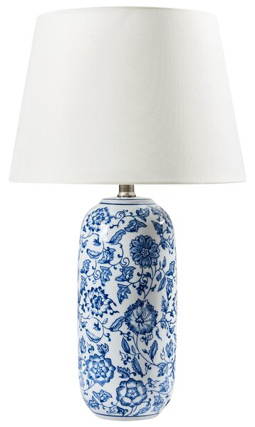 Stolná lampa biela a modrá porcelánový podstavec ľanové tienidlo kvetovaný vzor obývacia izba spálňa osvetlenie