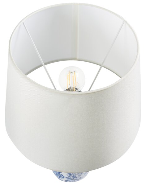 Stolná lampa biela a modrá porcelánový podstavec ľanové tienidlo kvetovaný vzor obývacia izba spálňa osvetlenie