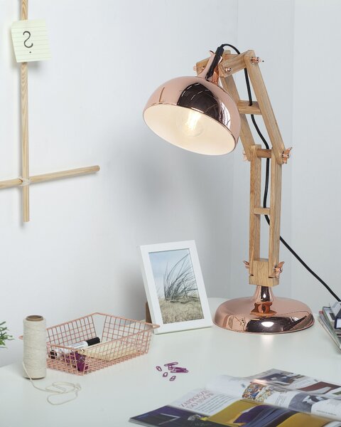 Stolná lampa medená svetlé drevo 53 cm kovové tienidlo nastaviteľné rameno kancelárska lampa moderný škandinávsky štýl kancelária