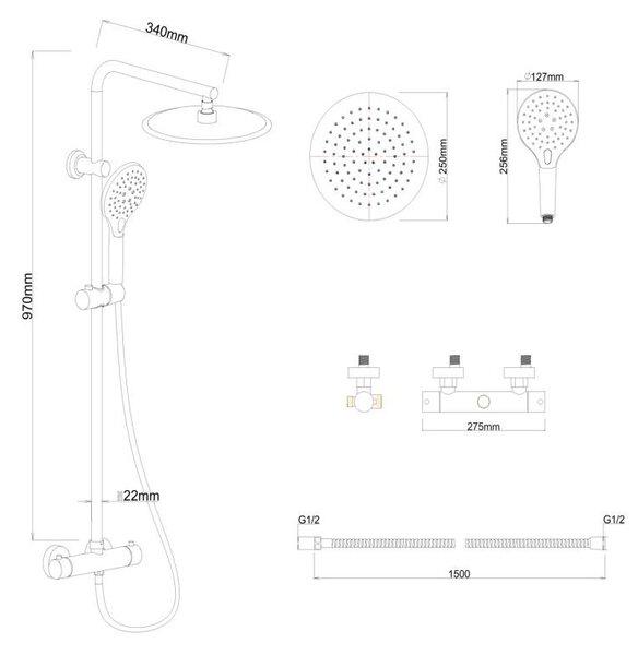 Erga Bergen Therm, sprchová súprava s termostatickou batériou a dažďovou hlavicou 25cm, čierna matná, ERG-YKA-BP.BERGEN-THERM-25-BLK