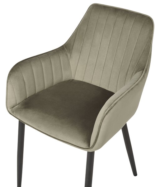 Sada 2 jedálenských stoličiek olivovozelená zamatová opierky rúk čierne kovové nohy retro glamour