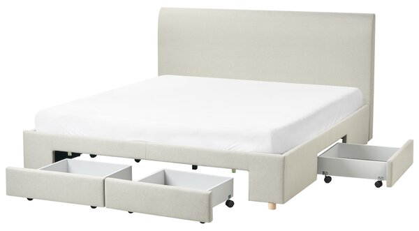 Čalúnená posteľ s úložným priestorom béžová látkové čalúnenie 180 x 200 cm so zásuvkami moderný škandinávsky dizajn