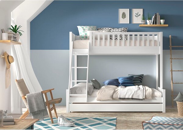 Biela poschodová detská posteľ z borovicového dreva s úložným priestorom 140x200/90x200 cm SCOTT – Vipack