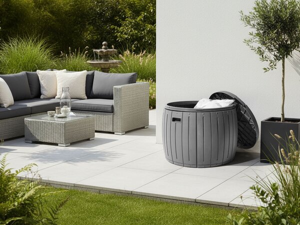 Záhradný úložný box sivý plast ⌀ 56 cm okrúhly tvar s držadlami na vonkajšie textílie exteriér
