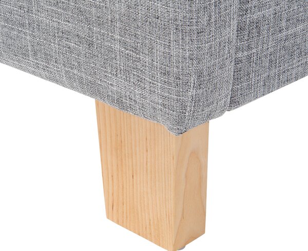 Posteľ sivá látkové čalúnenie 160 x 200 cm nohy zo svetlého dreva lamelový rošt s čelom moderný škandinávsky štýl spálňa