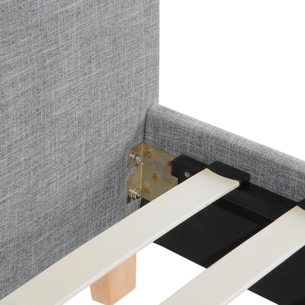 Posteľ sivá látkové čalúnenie 160 x 200 cm nohy zo svetlého dreva lamelový rošt s čelom moderný škandinávsky štýl spálňa