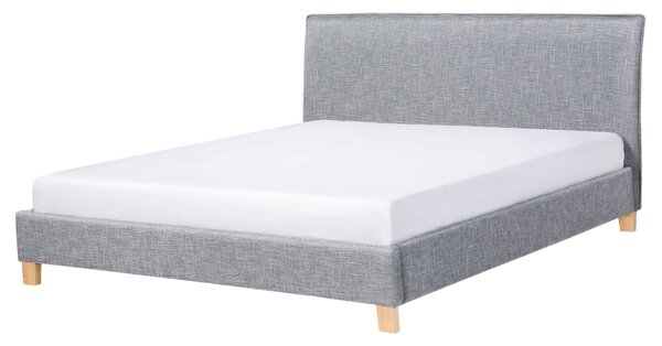 Posteľ sivá látkové čalúnenie 160 x 200 cm nohy zo svetlého dreva lamelový rošt s čelom moderný škandinávsky štýl spálňa