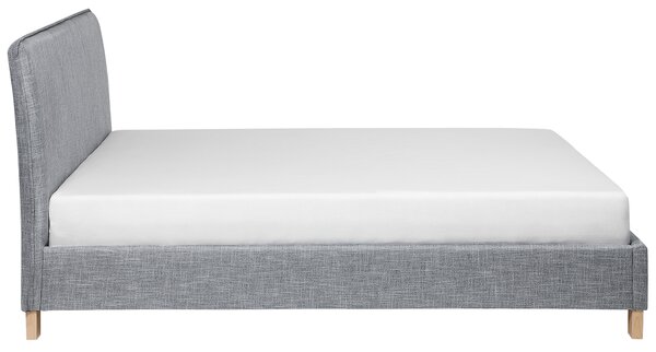Posteľ sivá látkové čalúnenie 160 x 200 cm nohy zo svetlého dreva lamelový rošt s čelom moderný škandinávsky štýl spálňa