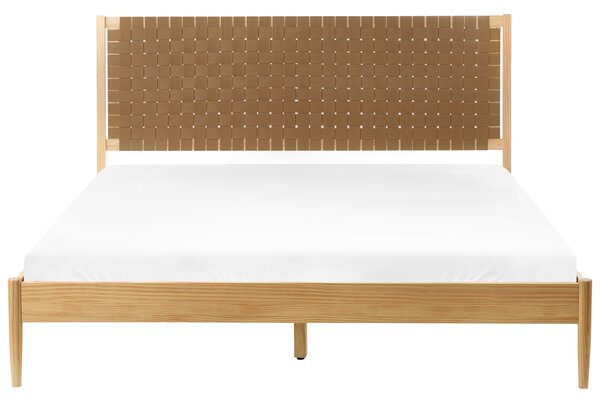 Posteľ svetlohnedá borovicové drevo 180 x 200 cm s čalúneným čelom a roštom moderný minimalistický štýl spálňa