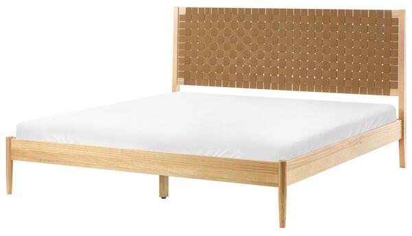 Posteľ svetlohnedá borovicové drevo 180 x 200 cm s čalúneným čelom a roštom moderný minimalistický štýl spálňa