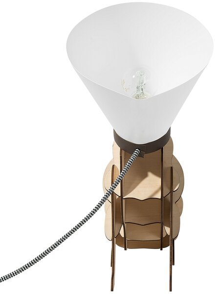 Stolná lampa zo svetlého dreva s bielou v tvare sediaceho psa s kužeľovým tienidlom