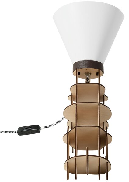 Stolná lampa zo svetlého dreva s bielou v tvare sediaceho psa s kužeľovým tienidlom