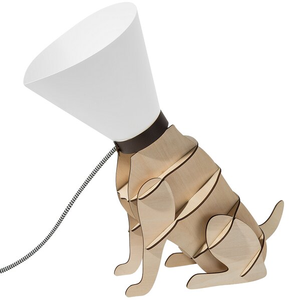 Stolná lampa zo svetlého dreva s bielou v tvare sediaceho psa s kužeľovým tienidlom