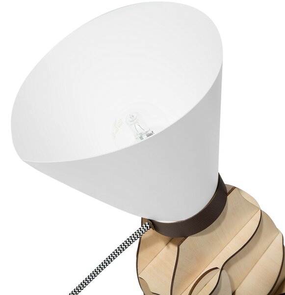 Stolná lampa zo svetlého dreva s bielou v tvare sediaceho psa s kužeľovým tienidlom