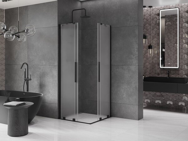 Mexen Velar Duo, sprchový kút s posuvnými dverami 80 x 80 cm, 8mm sklo námraza, čierna matná, 871-080-080-32-70