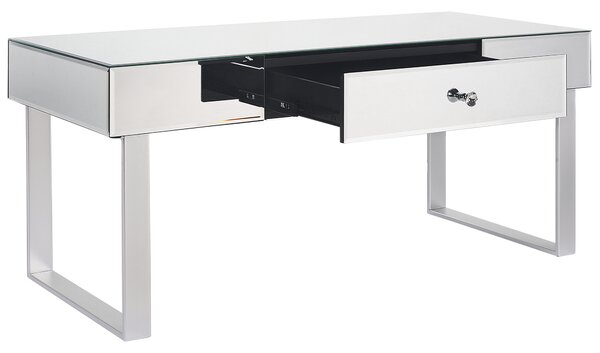 Konferenčný stolík strieborný sklo kov MDF zrkadlový efekt 110 x 47 cm 1 zásuvka úložný priestor glamour štýl obývačka