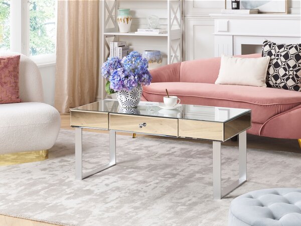 Konferenčný stolík strieborný sklo kov MDF zrkadlový efekt 110 x 47 cm 1 zásuvka úložný priestor glamour štýl obývačka