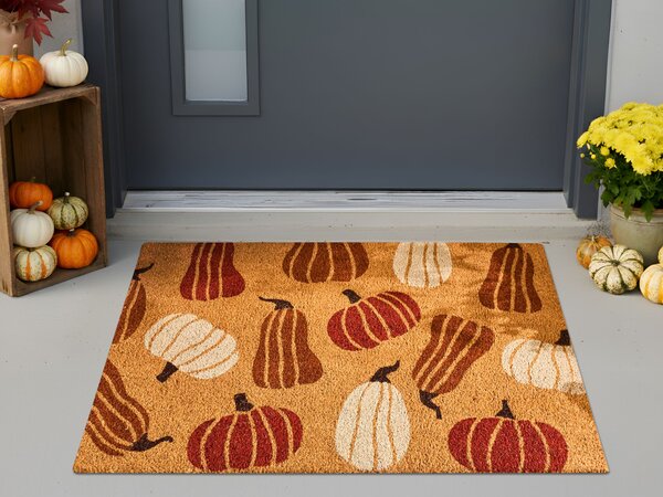 Rohožka viacfarebná prírodné kokosové vlákno 60 x 90 cm PVC povlak protišmyková rohož s motívom tekvíc do interiéru moderná