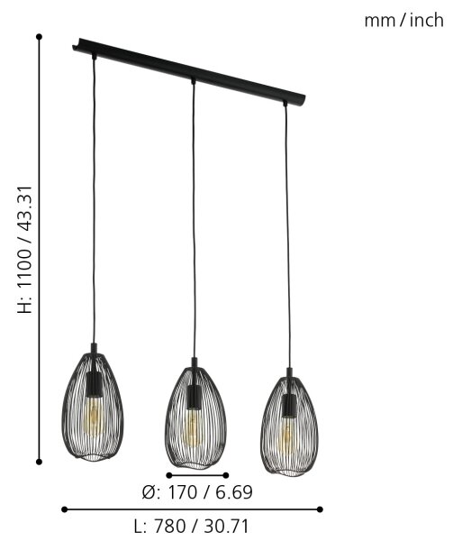 Eglo 49142 - Luster na lanku CLEVEDON 3xE27/60W/230V