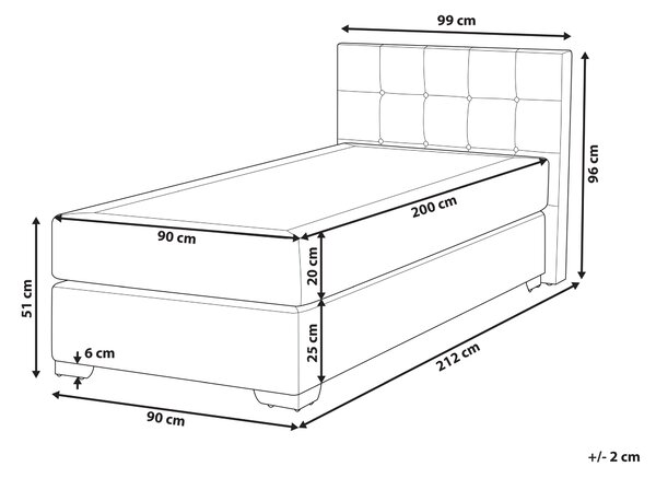 Kontinentálna posteľ svetlosivá látková čalúnená 90 x 200 cm rám postele s čelom a pružinovým matracom
