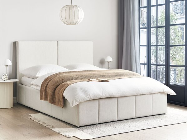 Posteľ krémová biela látkové čalúnenie polyester 160 x 200 cm s čelom a úložným priestorom moderný štýl spálňa