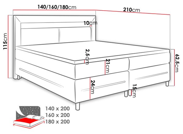 Boxspringová manželská posteľ s LED osvetlením 180x200 GALWAY - biela ekokoža + topper ZDARMA