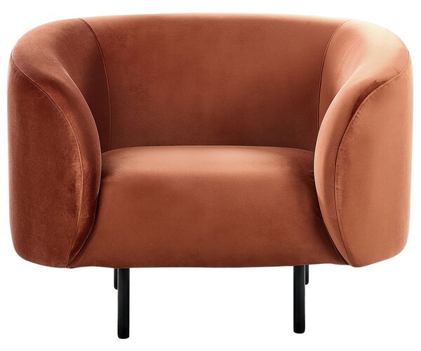 Kreslo oranžové zamatové čalúnenie čierne kovové nohy zaoblený tvar moderný art deco štýl obývačka spálňa
