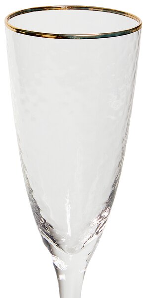 Sada 4 úzkych pohárov na víno z fúkaného skla v tvare flauty 250 ml priehľadné so zlatým okrajom ručne vyrobené poháre
