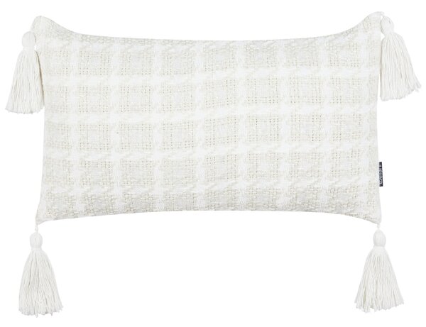 Sada 2 dekoratívnych vankúšov béžová tkanina 30 x 60 cm károvaný vzor obliečky so strapcami textil doplnky