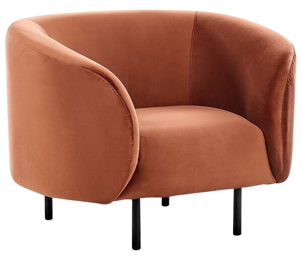 Kreslo oranžové zamatové čalúnenie čierne kovové nohy zaoblený tvar moderný art deco štýl obývačka spálňa