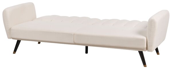 Rozkladacia pohovka svetlobéžová látkové čalúnenie vhodná na spanie elegantná moderná obývacia izba spálňa