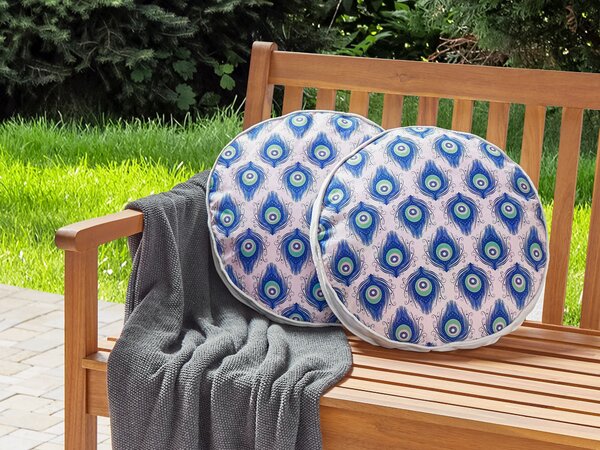 Sada 2 záhradných vankúšov modrá a ružová so vzorom pávieho peria polyester ø 40 cm moderné vodoodolné vankúše