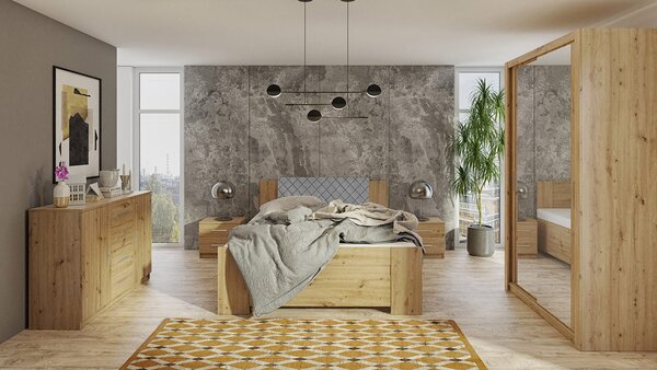 Spálňová zostava s posteľou 160x200 CORTLAND 1 - dub artisan / šedá ekokoža