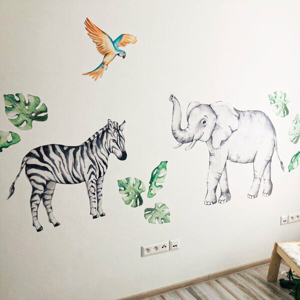 INSPIO-textilná prelepiteľná nálepka - Samolepky na stenu - Slon a zebra zo SAFARI