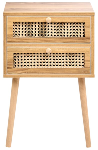 Nočný stolík svetlohnedý MDF dyha 2 zásuvky predná časť s ratanovým výpletom boho rustikálny štýl spálňa