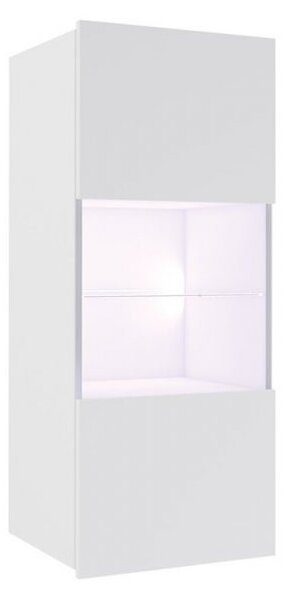 Presklená závesná vitrína s LED modrým osvetlením CHEMUNG - biela / lesklá biela