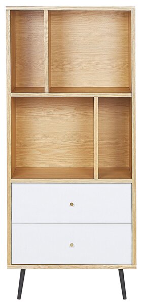 Knižnica svetlý dub biela MDF 139 x 60 x 40 cm kovové nohy úložný priestor so zásuvkami regál polica na knihy moderný štýl obývačka