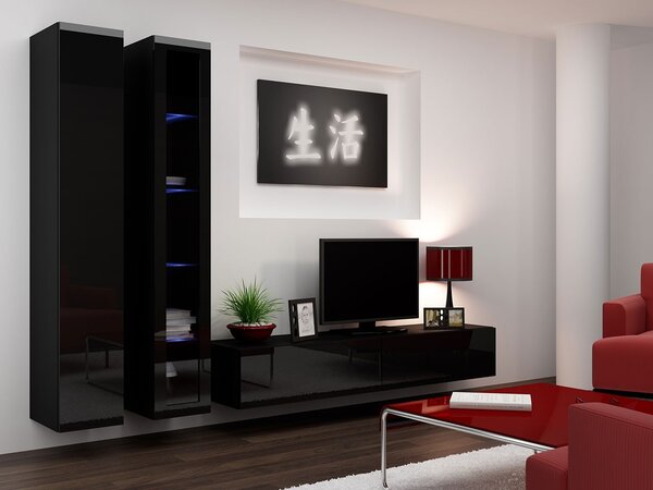 Obývacia stena s LED RGB osvetlením ASHTON 3 - čierna / lesklá čierna