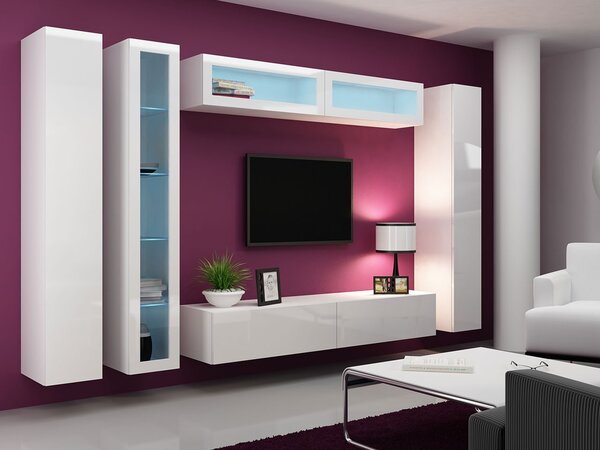 Obývacia stena s LED modrým osvetlením ASHTON 6 - biela / lesklá biela