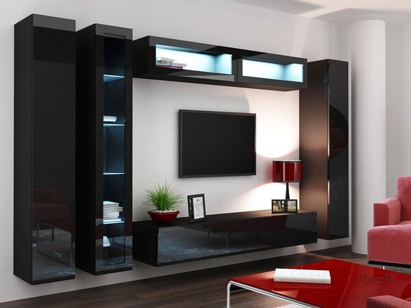 Obývacia stena s LED modrým osvetlením ASHTON 6 - čierna / lesklá čierna