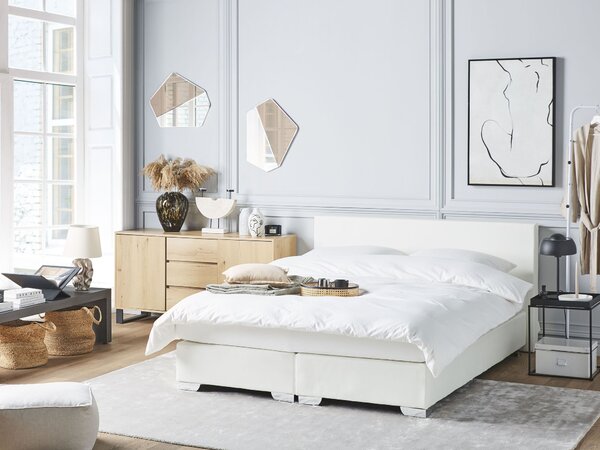 Kontinentálna posteľ biela umelá koža 160 x 200 cm vreckový pružinový matrac s čelom moderný štýl spálňa
